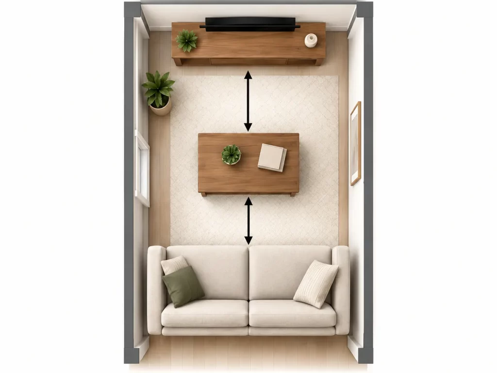 Top-down view of a long, narrow living room showing the space between a sofa, coffee table, and TV console with arrows indicating furniture clearance.