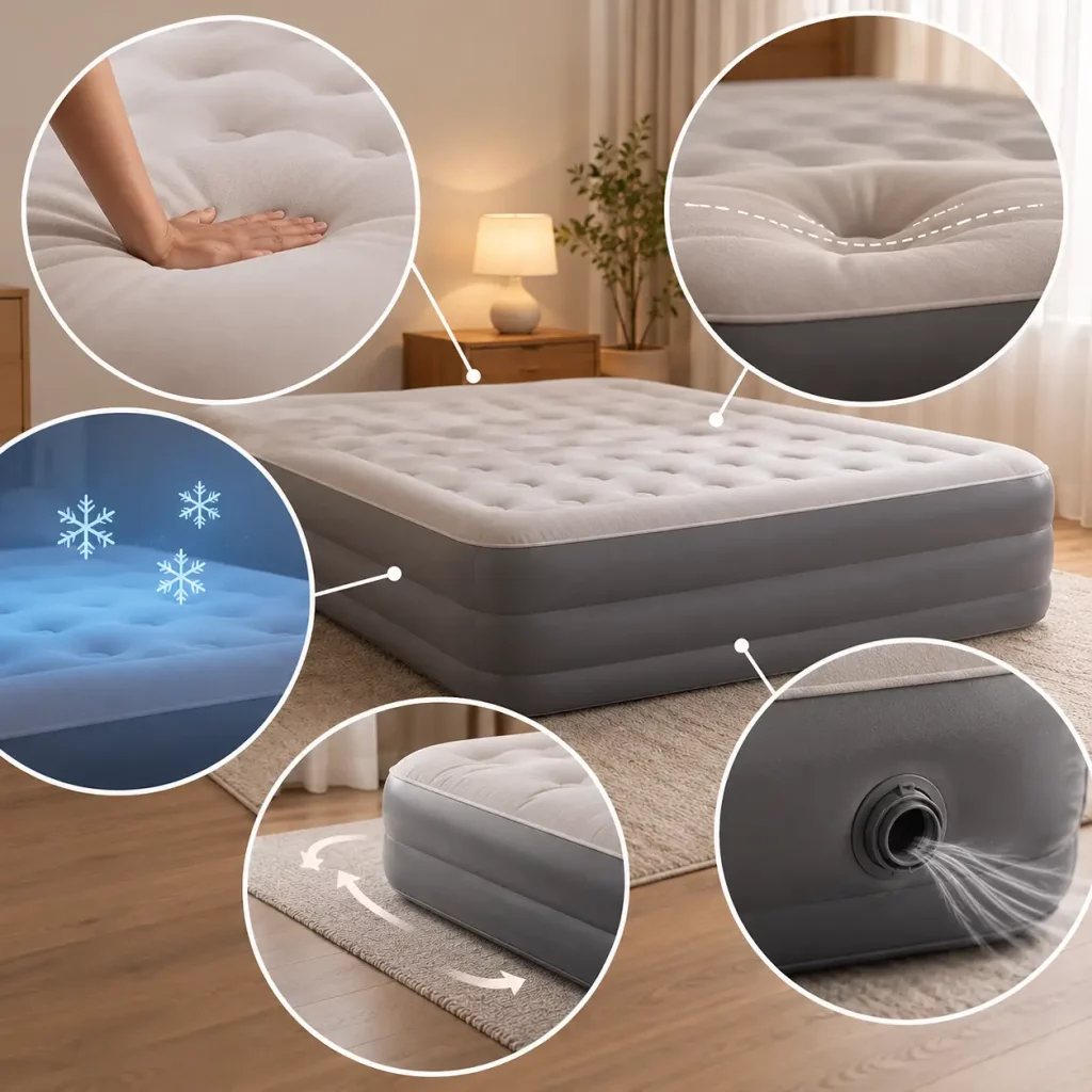 Air mattress illustration showing common comfort problems, including sagging, cold surfaces, sliding, and air leaks.