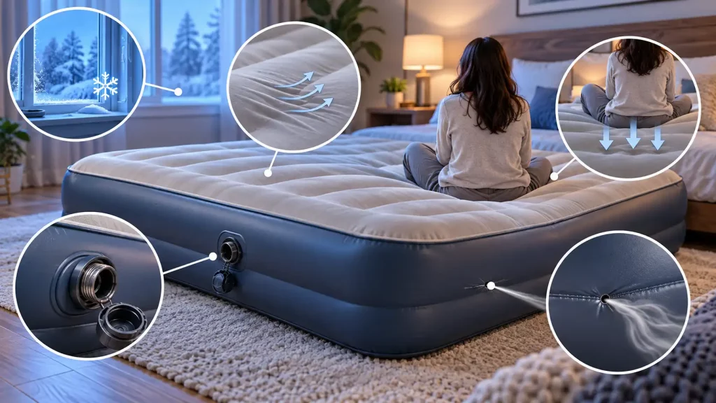 Air mattress showing common causes of deflation, including cold temperatures, material stretching, a loose valve, a small puncture, and sagging under weight.