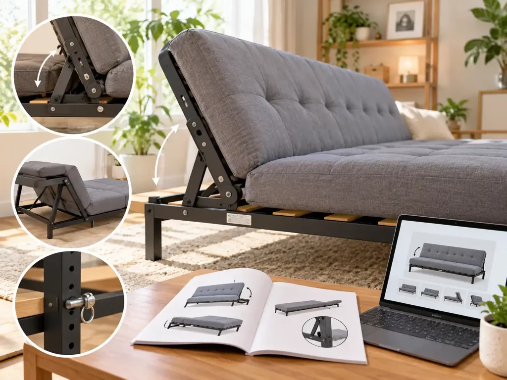 Futon sofa bed with a visible folding frame and backrest mechanism for identifying the frame type.