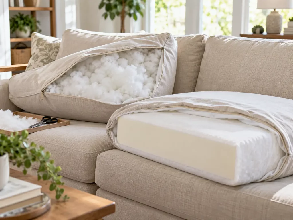 Open sofa cushions showing loose polyester fiberfill and a foam insert wrapped in batting.