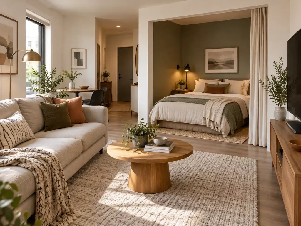 A cozy bed tucked into an alcove keeps the sleeping area separate, while a sofa and coffee table create an open, comfortable living space.