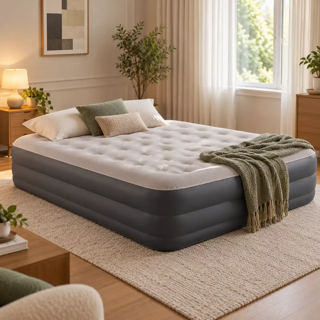 Inflatable air mattress with pillows, a quilted surface, and a cozy blanket in a bright guest room.