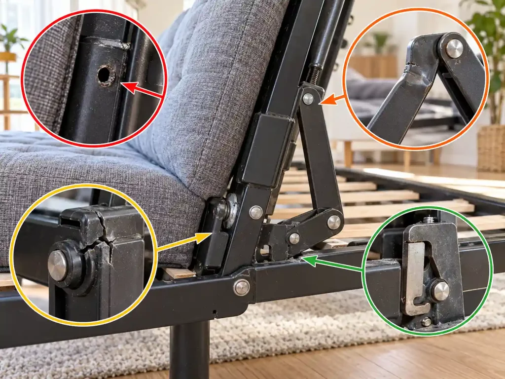 Close-up of a futon’s metal hinge, locking pins, and bolts being inspected for damage.