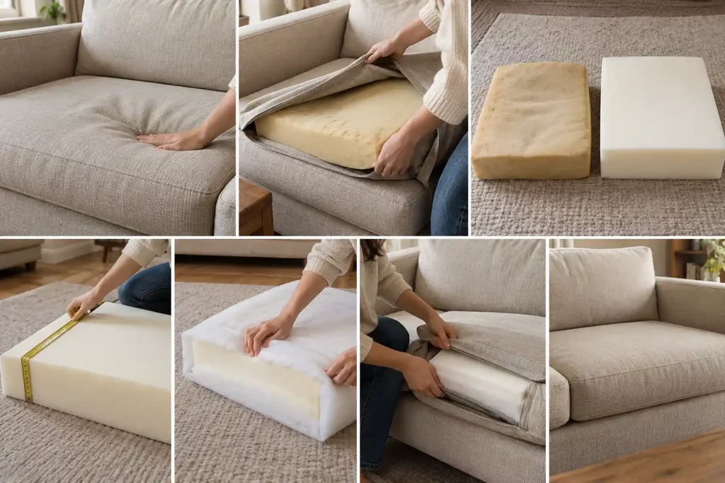 Step-by-step process of replacing collapsed couch cushion foam, from measuring the insert to restoring the seat.