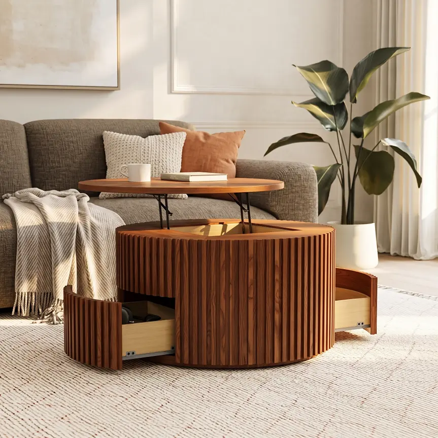 Round wooden coffee table with ribbed design and storage drawers in a cozy living room with a gray sofa and indoor plant.