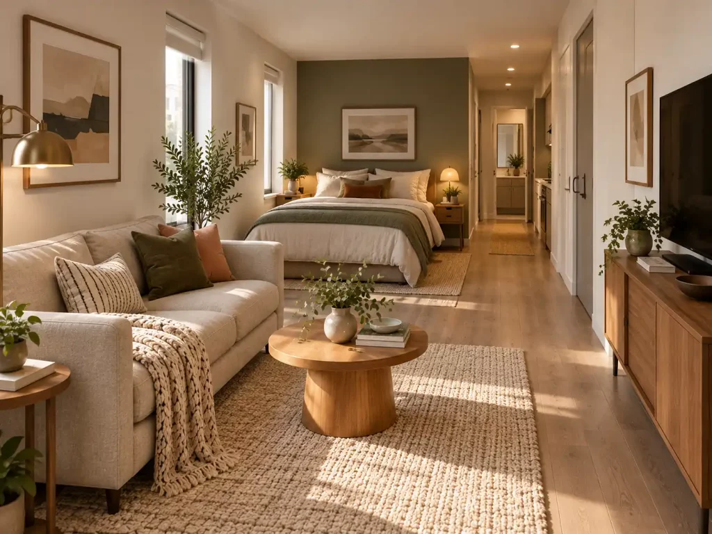 Long, narrow studio apartment with a sofa near the entrance, a bed at the far end, and a clear walkway along one side.