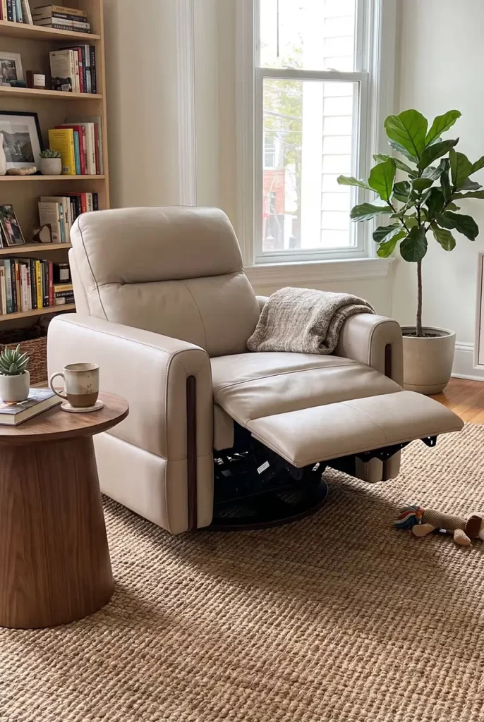 White power recliner with an extended footrest beside a round side table