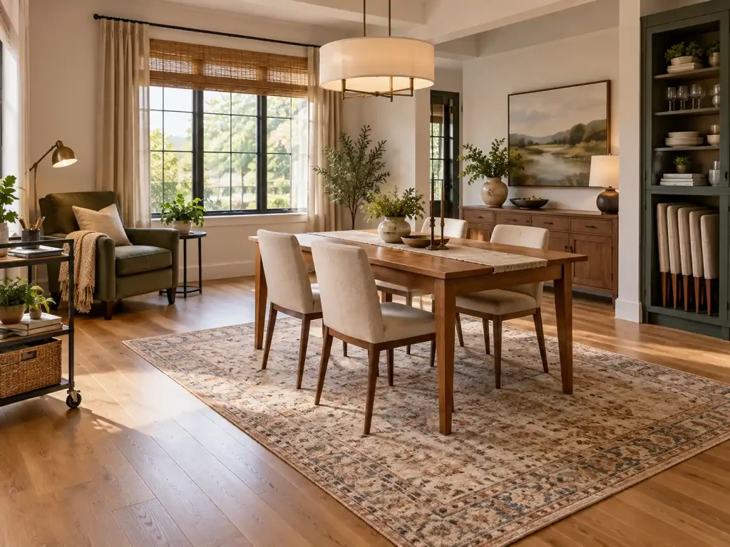 Multipurpose dining room with a wooden dining table, upholstered chairs, a green reading armchair, and built-in storage shelves.