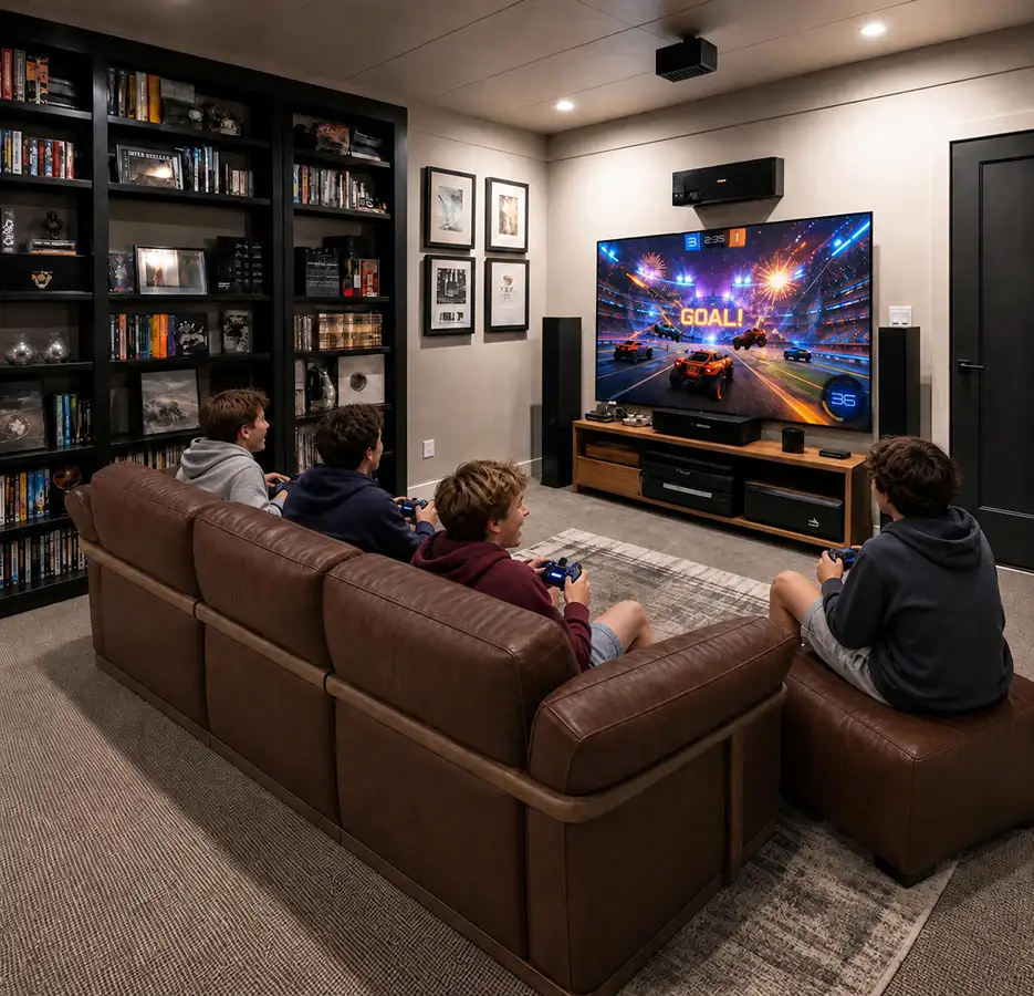 Small home theater seating layout with a brown sectional sofa, additional seating, and a large TV in a compact media room.