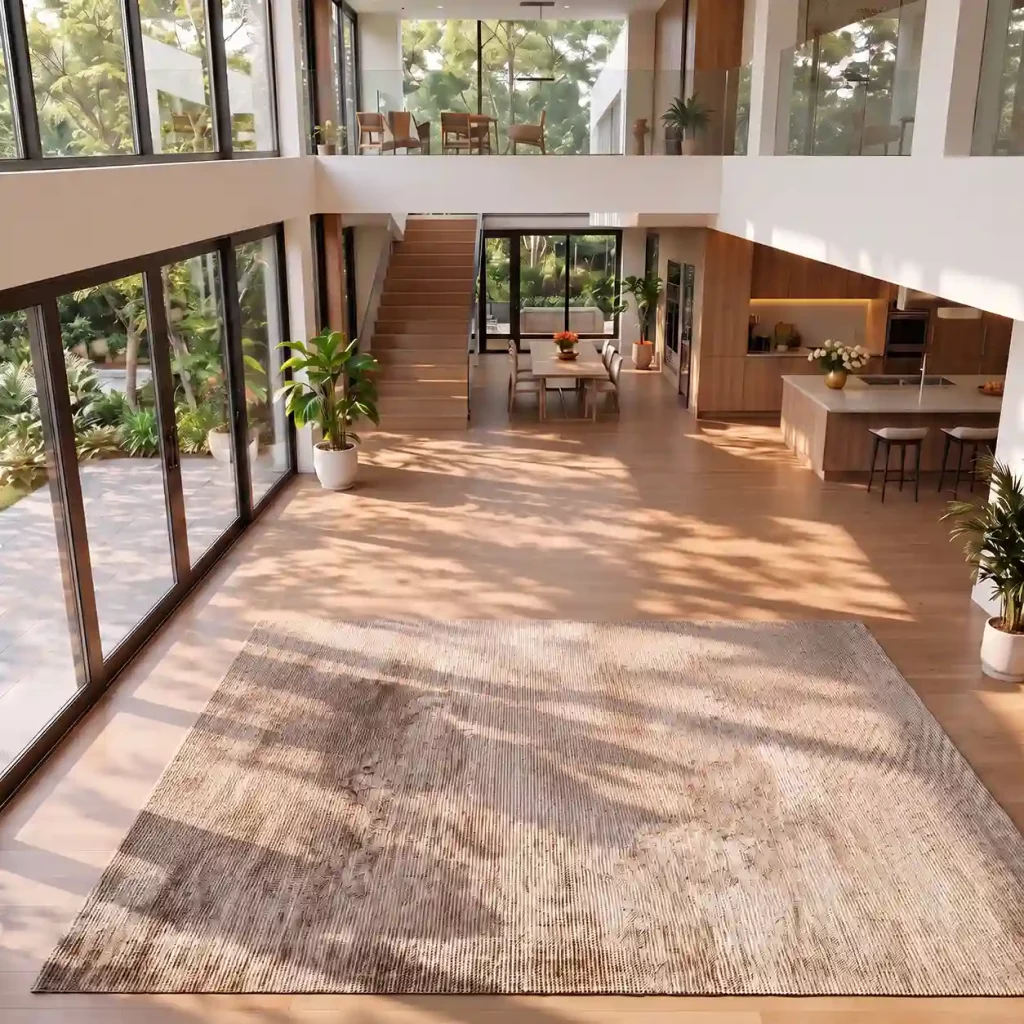 Spacious open-plan living room with an empty area rug, natural wood flooring, and large windows overlooking a garden.