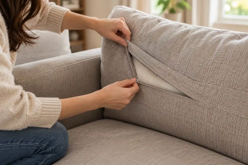 Person opening a hidden zipper on an attached couch back cushion to access the filling.