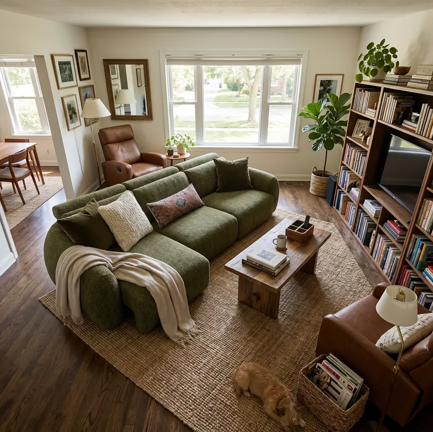 Green sofa bed paired with brown leather armchairs and a wooden coffee table in a bright living room with bookshelves.