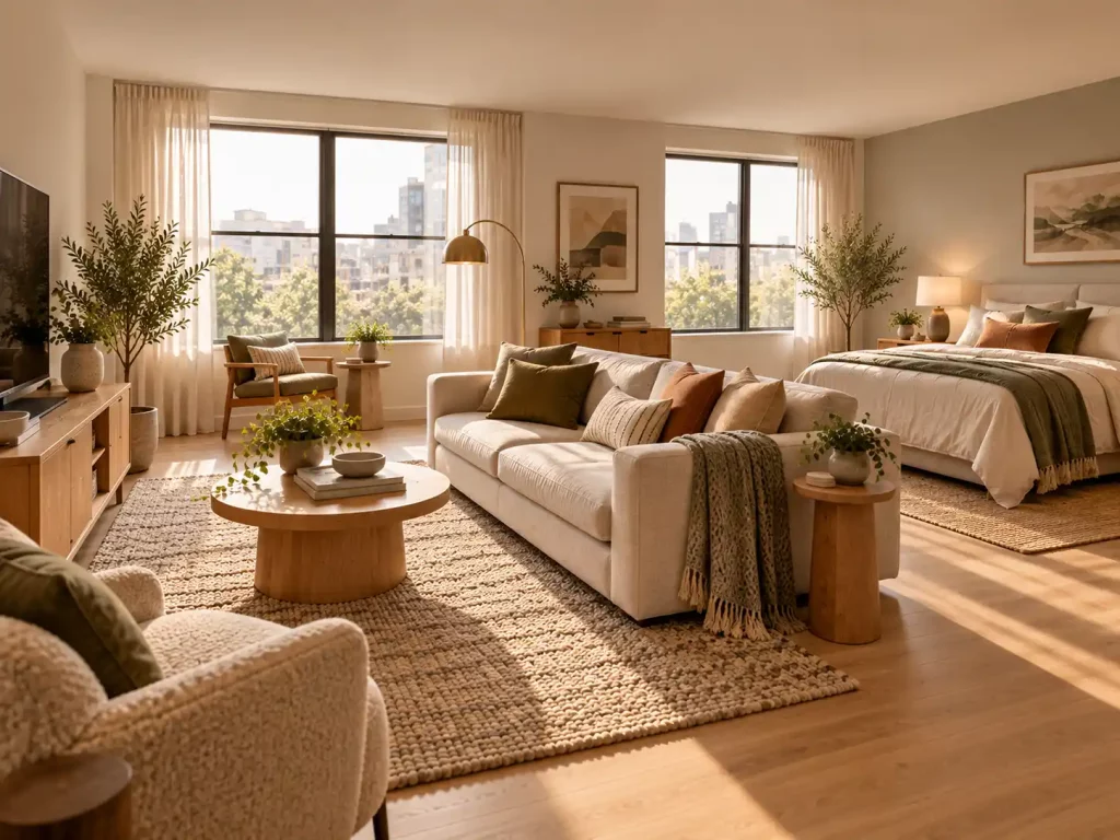 Wide studio apartment with a centrally placed sofa separating the living area from the bedroom.