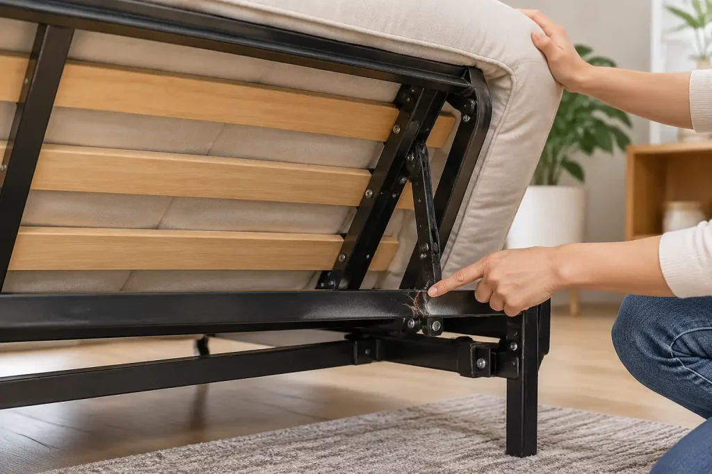A person points to a cracked metal support on the underside of a futon frame, showing structural damage.