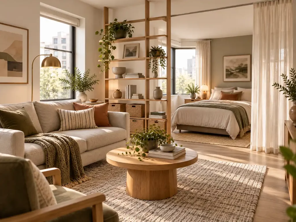 Bright studio apartment with open wooden shelving and sheer curtains dividing the sleeping and living areas while allowing natural light through.