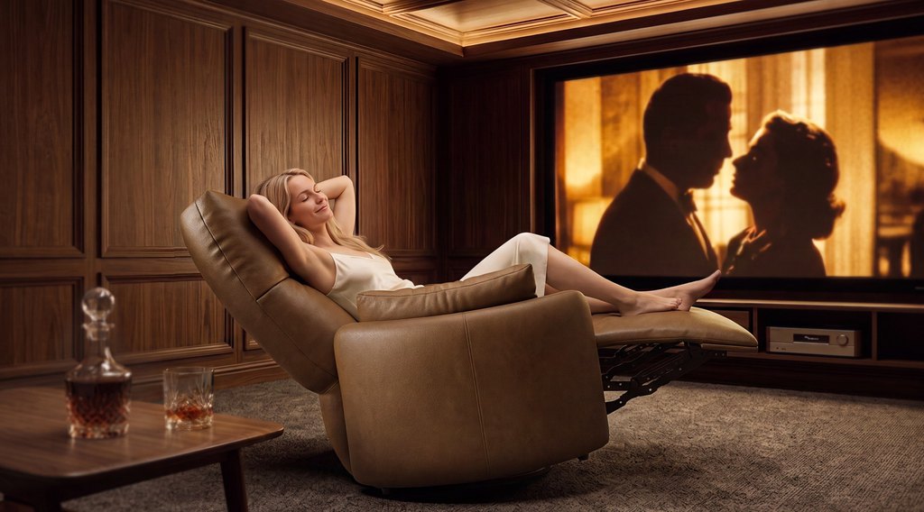 Woman relaxing in a fully reclined leather chair while watching a movie in a warm, wood-paneled home theater.