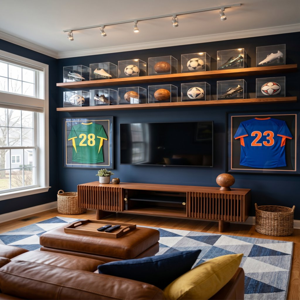 Small sports-themed game room with a wall-mounted TV, wooden media console, brown leather sofa, and floating shelves displaying soccer memorabilia.