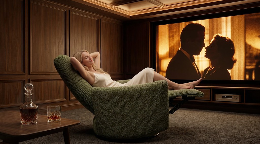 Person relaxing in a home theater room with a reclining lounge chair, watching a movie on a large screen with warm ambient lighting.