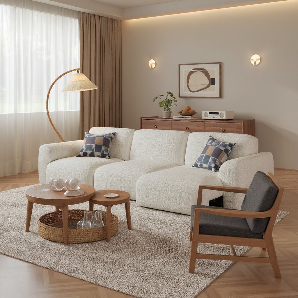 Cozy living room with a white textured sofa, wooden coffee tables, and an accent chair, offering flexible seating in a small space.