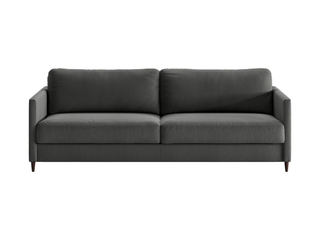 Dark gray fabric sleeper sofa in its closed position, featuring two seat cushions, matching back cushions, slim armrests, and tapered wooden legs.
