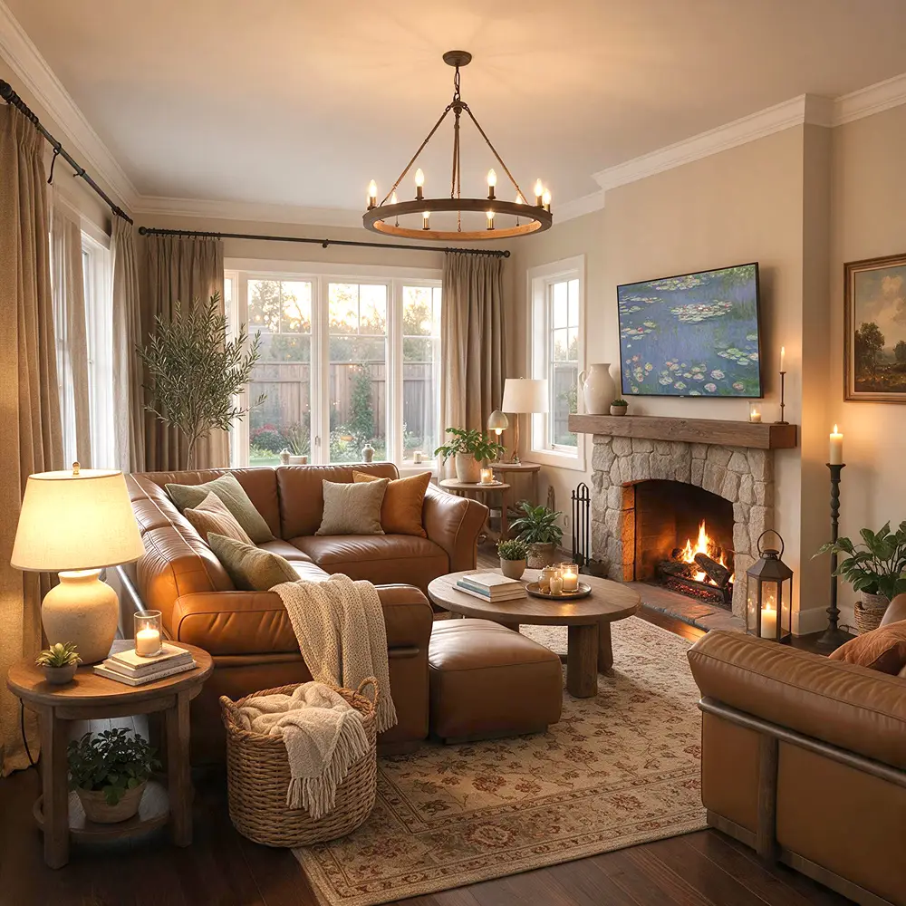 Brown leather modular sofa with matching ottoman in a cozy living room featuring a stone fireplace, wooden coffee table, and warm neutral decor.
