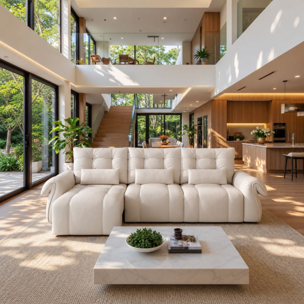 Modern double-height loft living room with a white sofa, marble coffee table, mezzanine level, wooden staircase, and floor-to-ceiling windows.