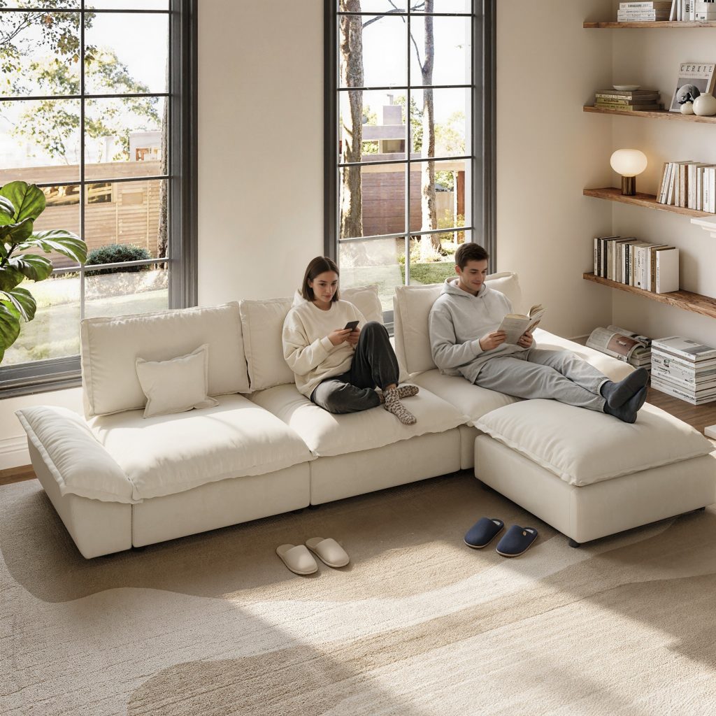 Bright living room with a white sectional sofa, two people relaxing, large windows, and built-in shelves with books and decor.