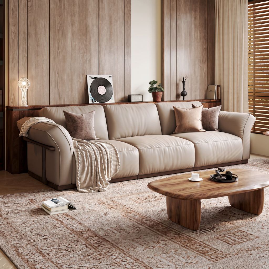 Cozy music listening lounge with a cream leather sofa, vinyl record display, wood-paneled walls, and a walnut coffee table.