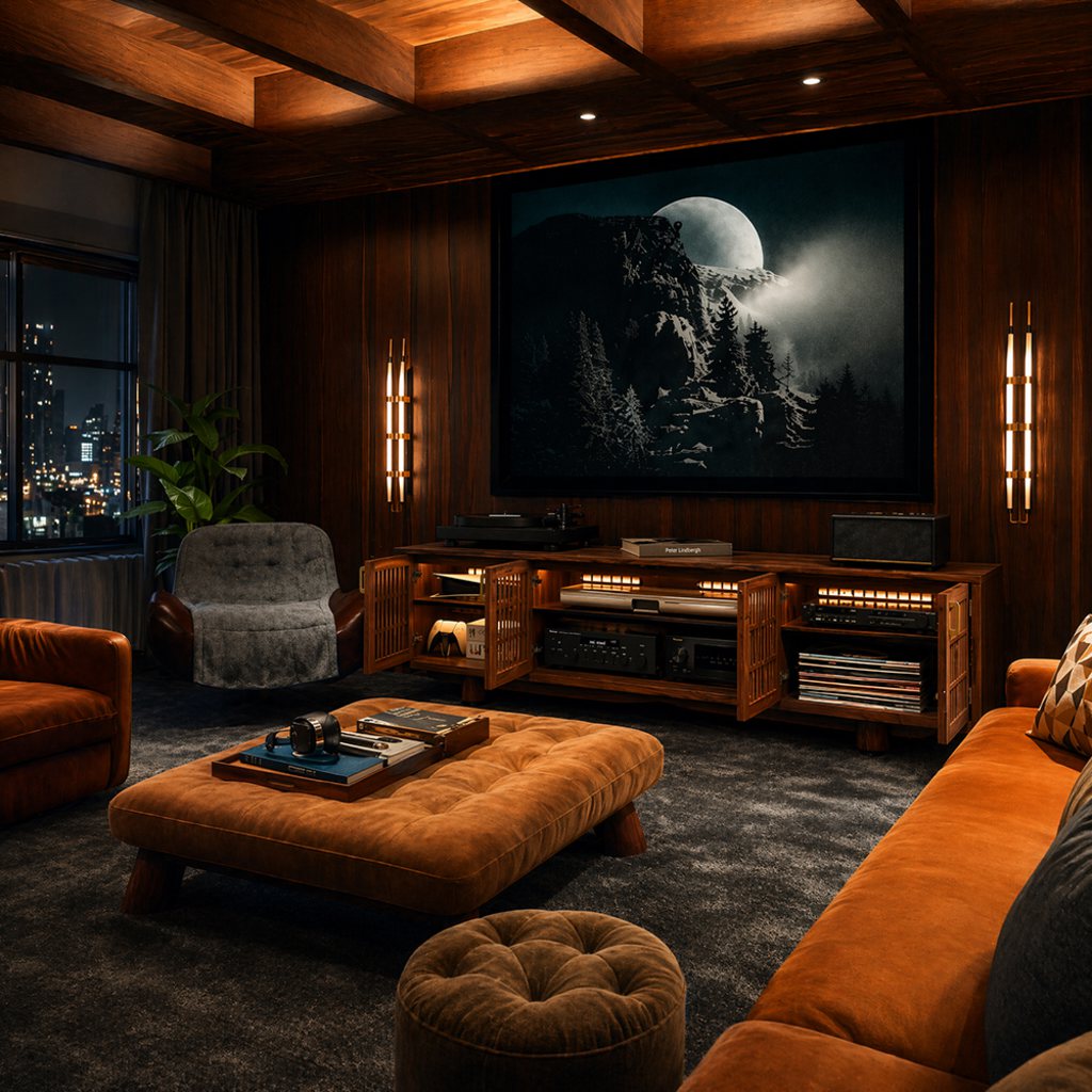 Dark, wood-paneled music room with a walnut media console, turntable, stereo equipment, rust-colored leather sofa, tufted ottoman, and warm accent lighting beneath large monochrome wall art.