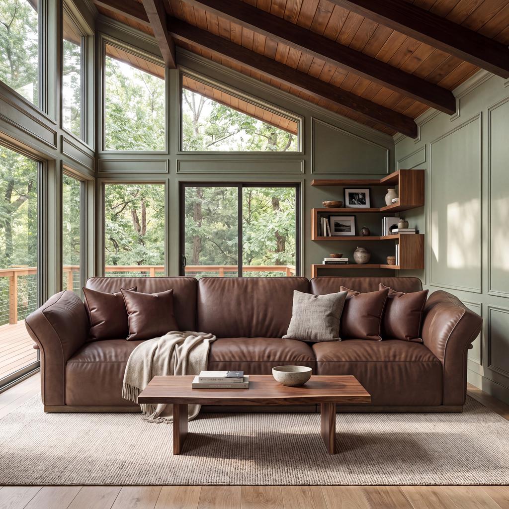 Brown leather sofa in a slanted-ceiling living room with exposed wood beams, large windows, and built-in shelving.