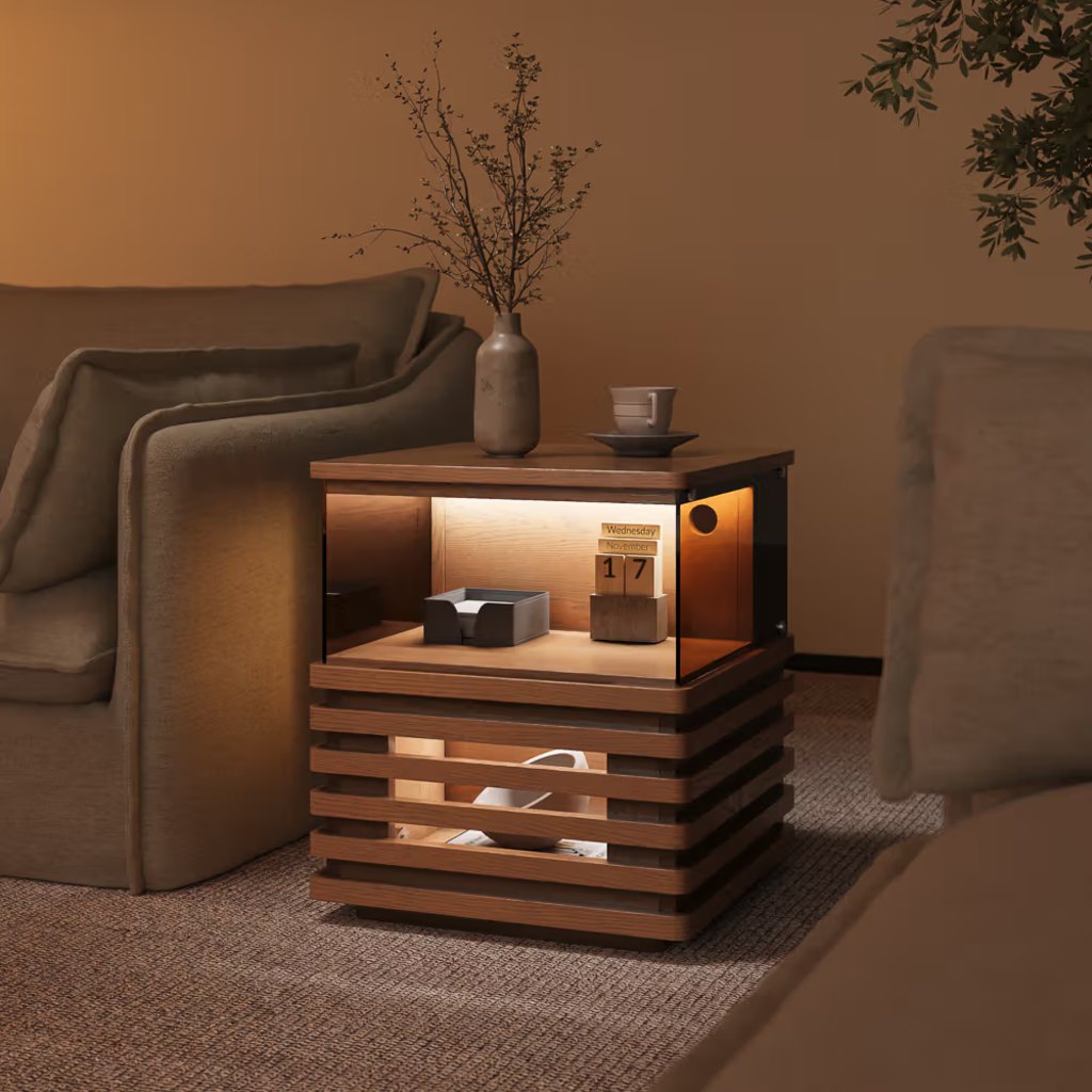 Walnut slatted side table with built-in LED lighting and open storage shelves beside a beige sofa in a cozy living room.