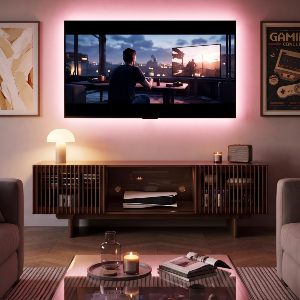 Modern console gaming room with a wall-mounted TV, pink ambient lighting, and a wooden media console organizing gaming equipment and accessories.