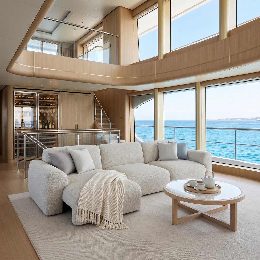Modern loft living room with a cream sectional sofa, round coffee table, mezzanine level, and floor-to-ceiling ocean-view windows.