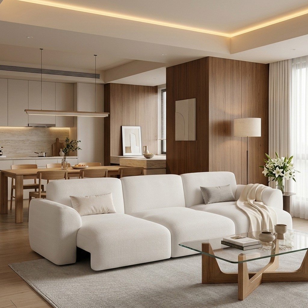 Modern open-plan loft living room with a cream sectional sofa, glass-top coffee table, warm wood accents, and an adjoining dining area and kitchen.