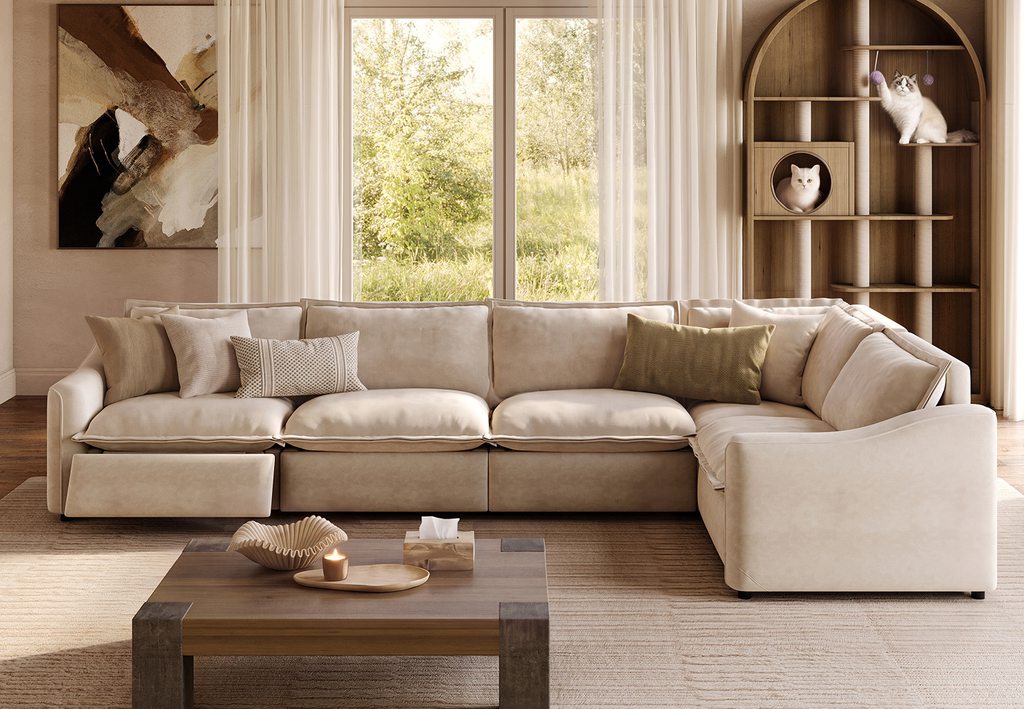 Cream L-shaped sectional sofa with an ottoman, wood coffee table, and cat-friendly shelving in a bright modern living room.