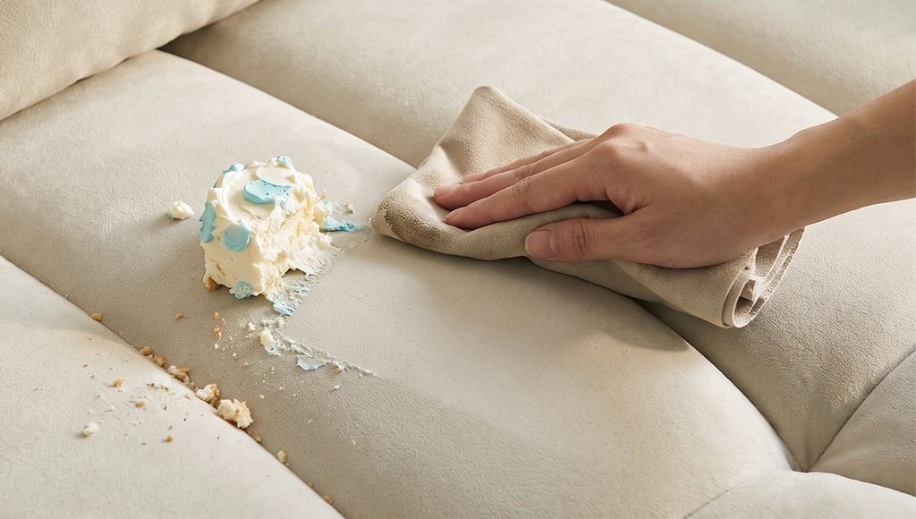Close-up of a child-friendly cream sofa with a food spill being cleaned from the upholstery.