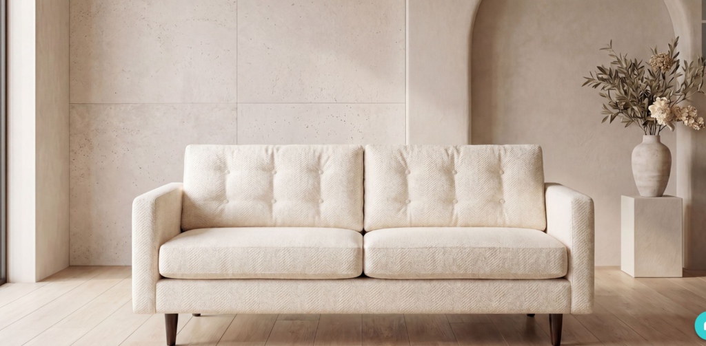 Cream-colored tufted sleeper sofa with two seat cushions and wooden legs in a minimalist living room with beige walls and neutral decor.