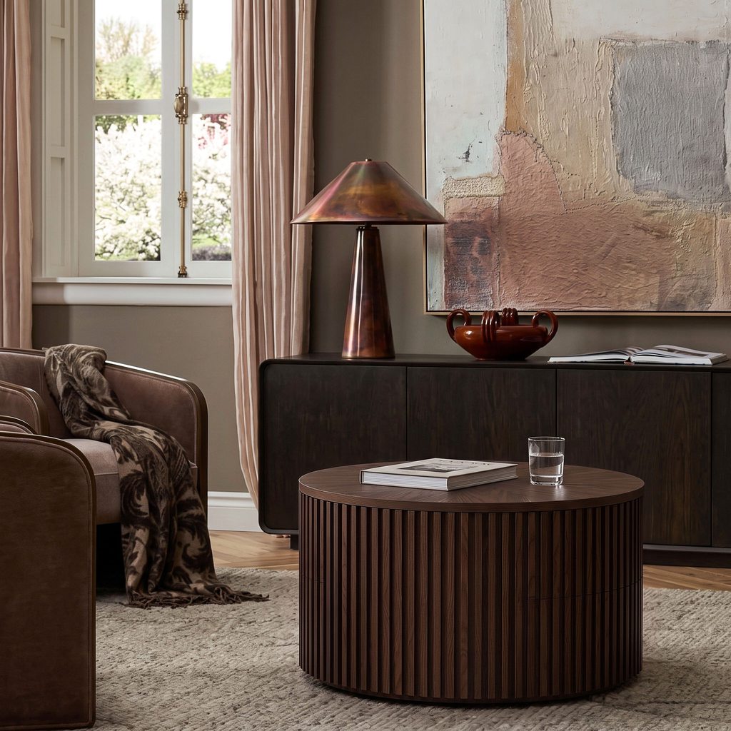 Modern living room with a dark walnut round coffee table, matching media console, brown armchair, and neutral textured rug.
