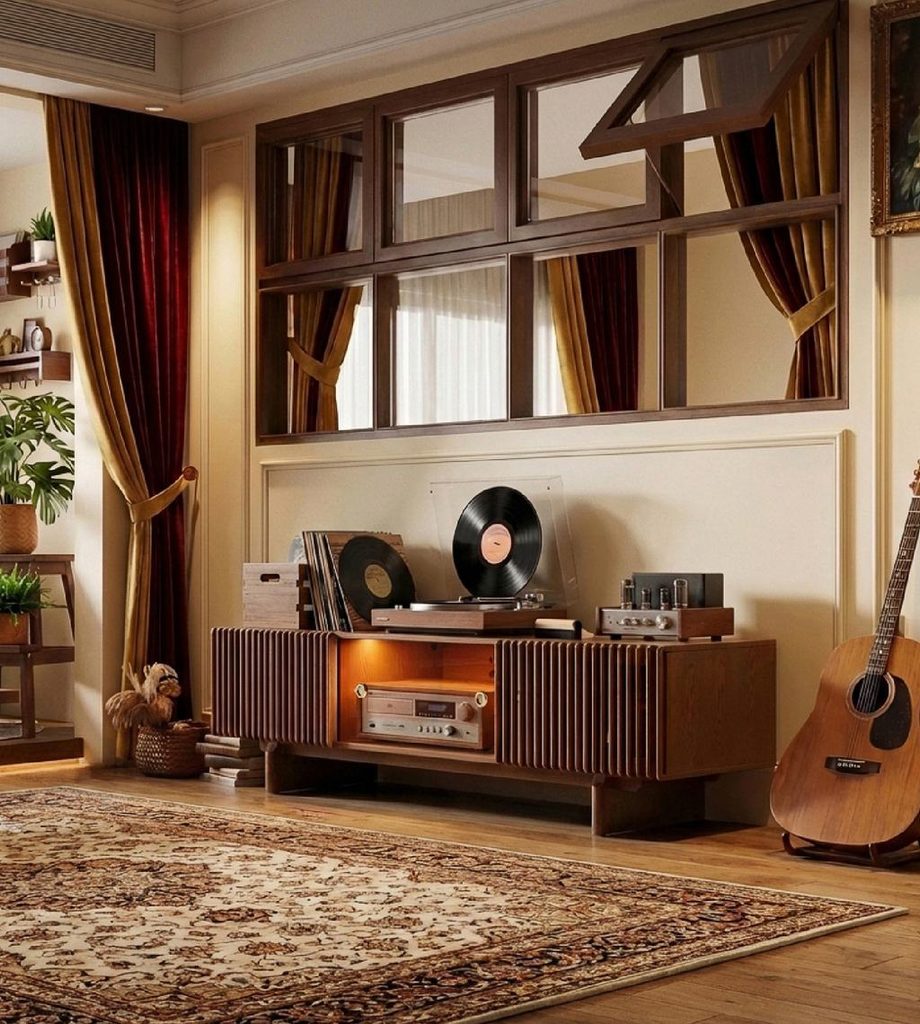 Warm vintage-style living room with a walnut media console, vinyl record player, acoustic guitar, patterned rug, and glass-paneled wall.