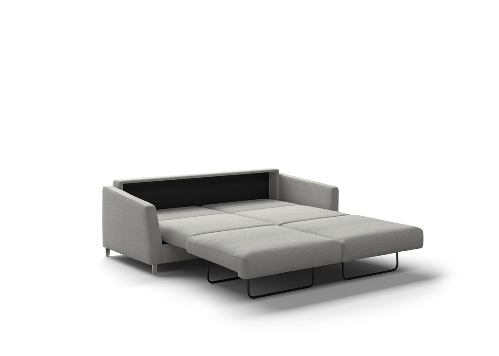 Gray fabric king-size sleeper sofa fully extended into a bed with a cushioned sleeping surface and black metal support legs.